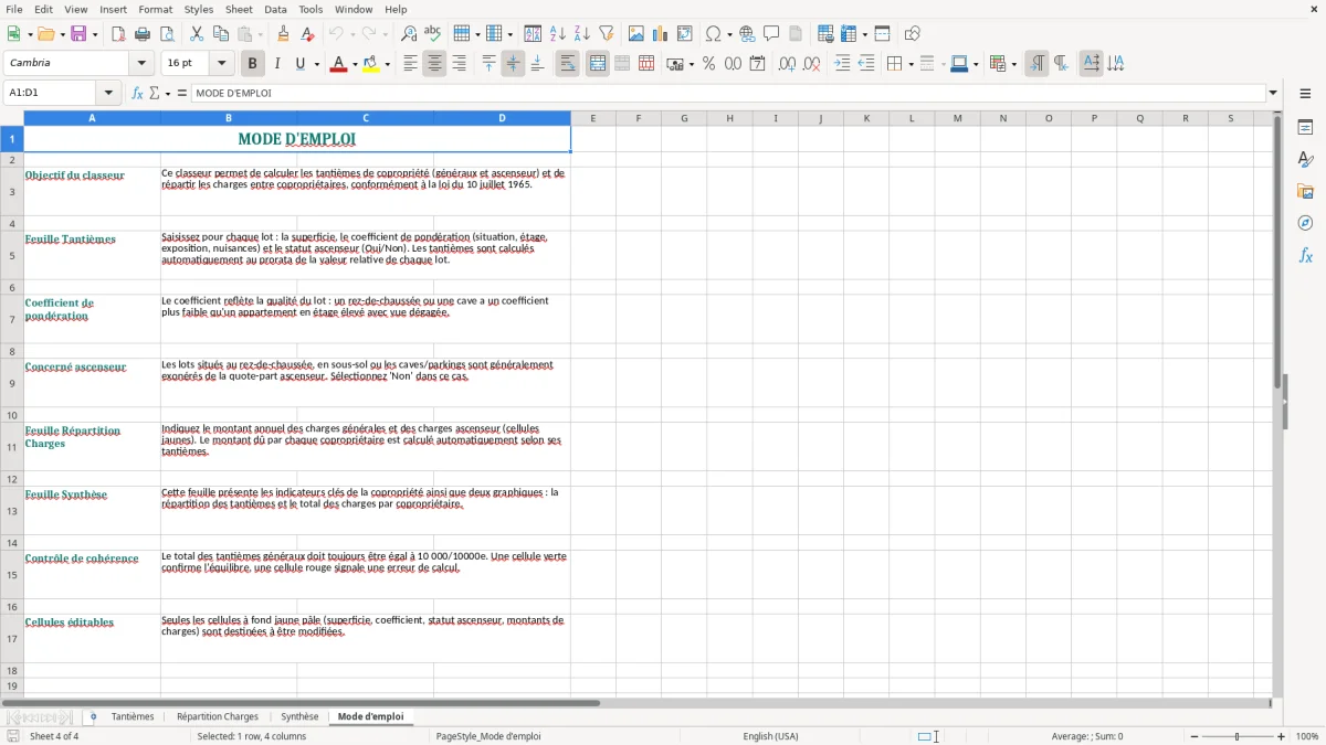 Capture 4 : onglet Mode d'emploi - Modèle Excel calcul des tantiemes de copropriete excel