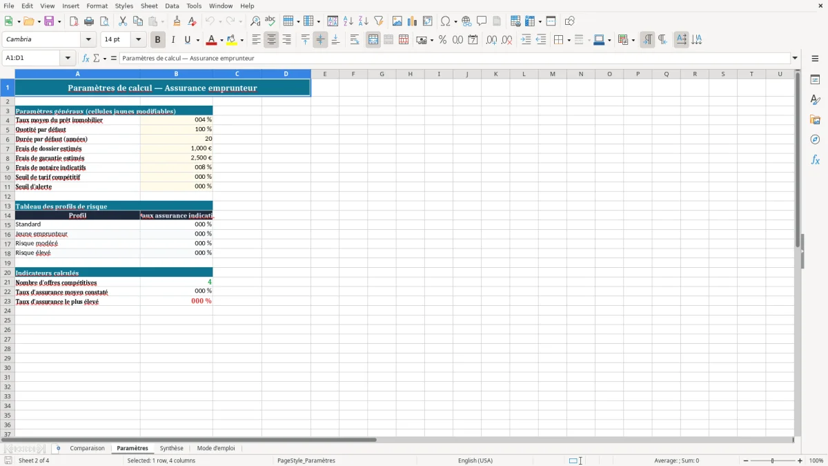 Capture 2 : onglet Paramètres - Modèle Excel calcul du cout total assurance emprunteur excel