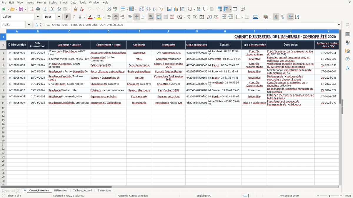 Capture 1 : onglet Carnet_Entretien - Modèle Excel carnet d'entretien de l'immeuble excel