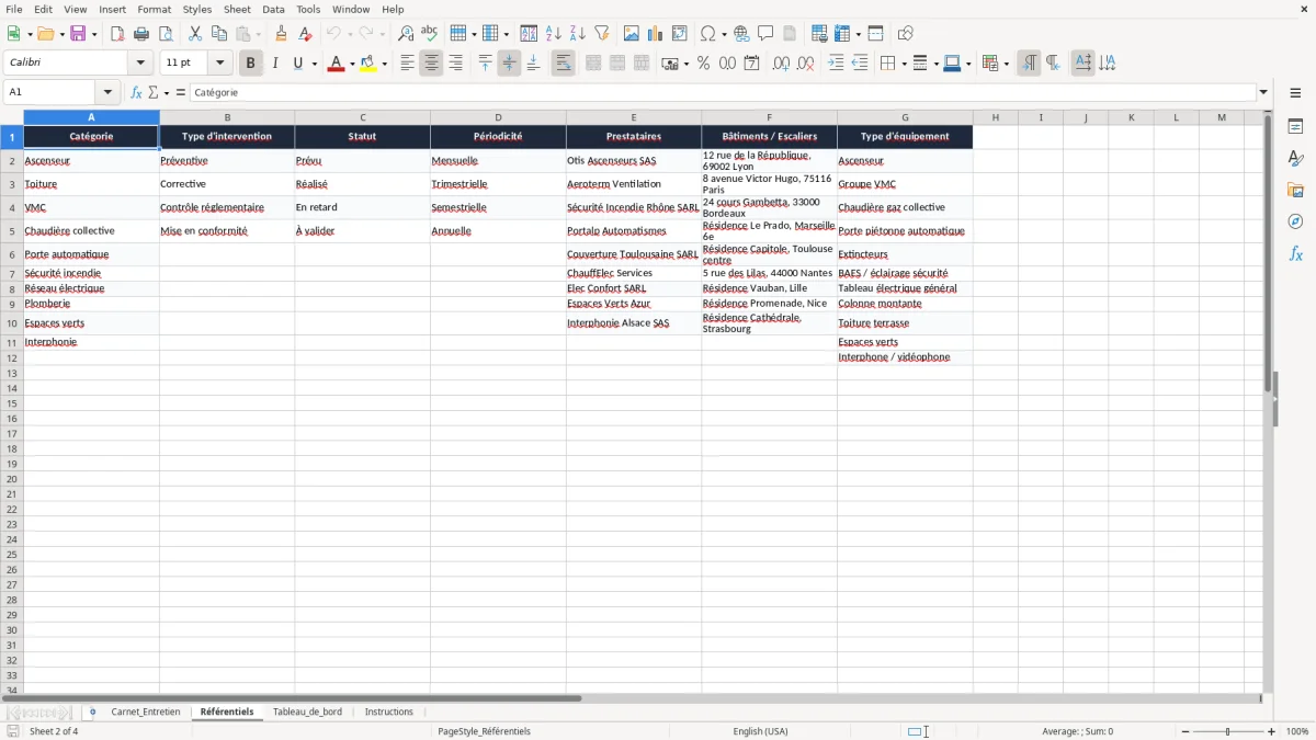 Capture 2 : onglet Référentiels - Modèle Excel carnet d'entretien de l'immeuble excel