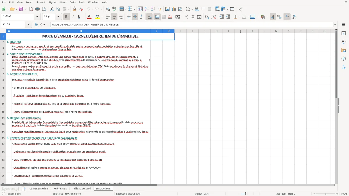 Capture 4 : onglet Instructions - Modèle Excel carnet d'entretien de l'immeuble excel