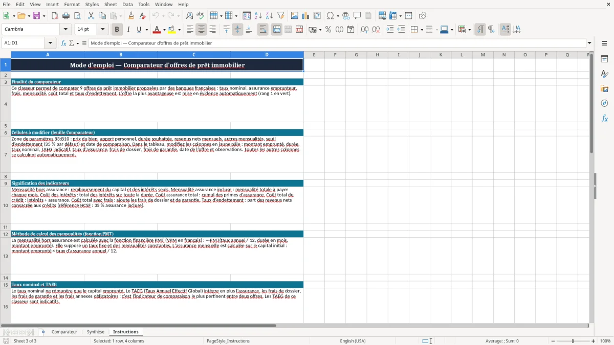 Capture 3 : onglet Instructions - Modèle Excel comparateur d'offres de pret immobilier excel