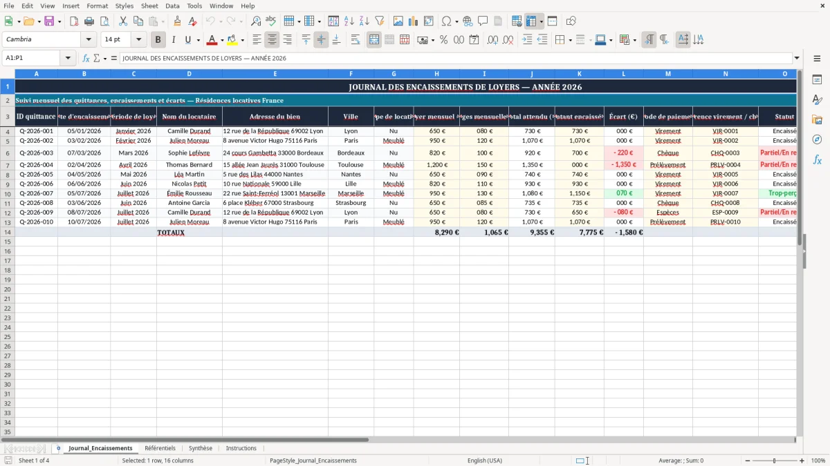 Capture 1 : onglet Journal_Encaissements - Modèle Excel journal des encaissements de loyers excel