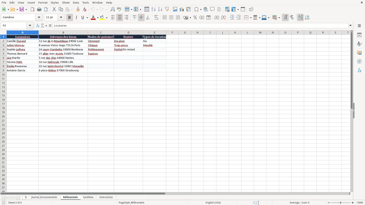 Capture 2 : onglet Référentiels - Modèle Excel journal des encaissements de loyers excel