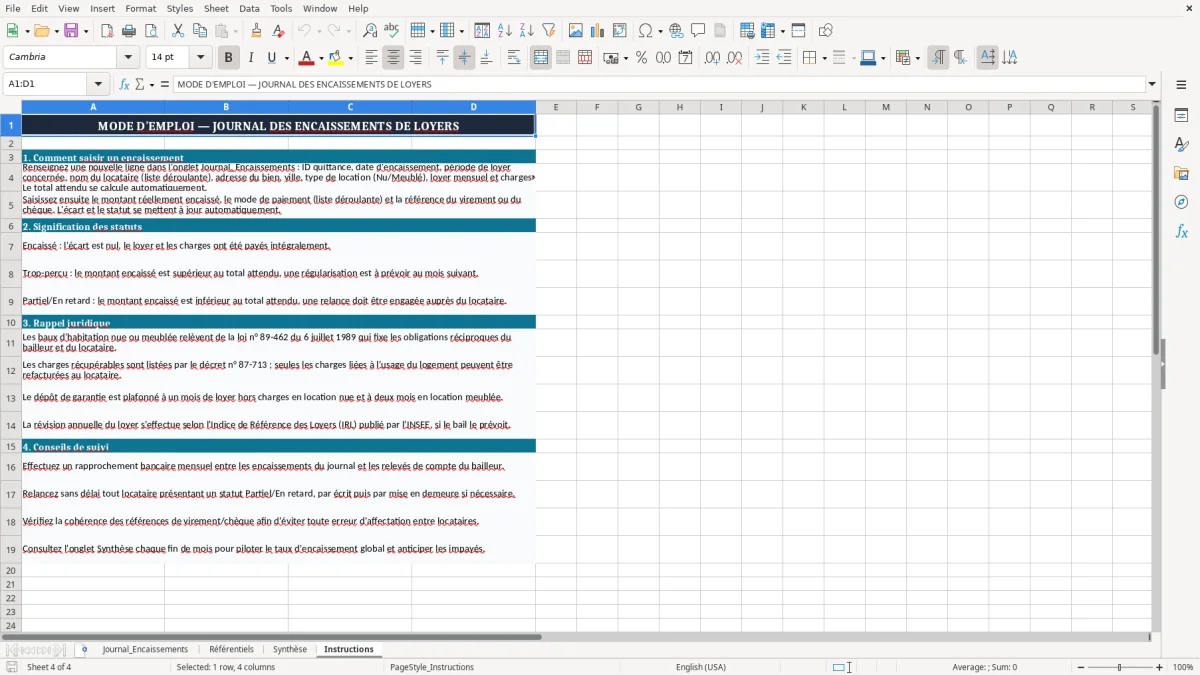 Capture 4 : onglet Instructions - Modèle Excel journal des encaissements de loyers excel