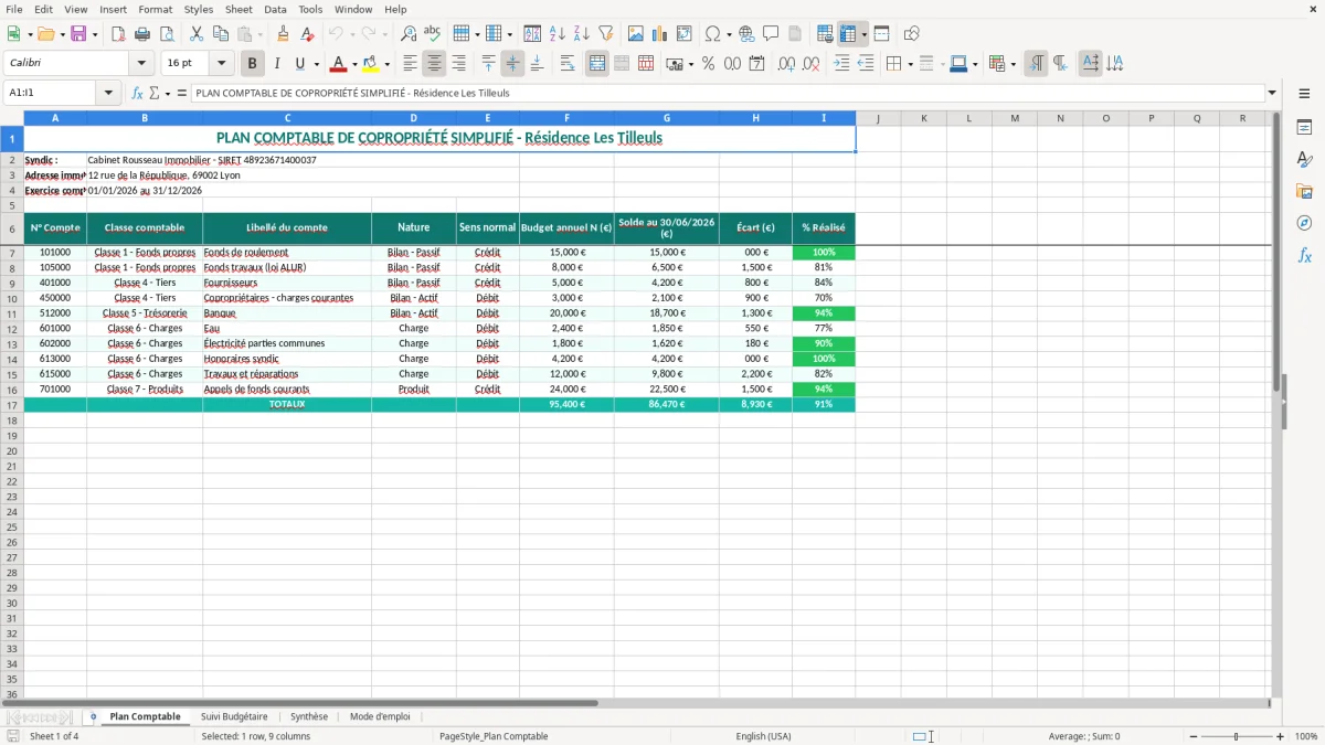 Capture 1 : onglet Plan Comptable - Modèle Excel plan comptable copropriete simplifie excel