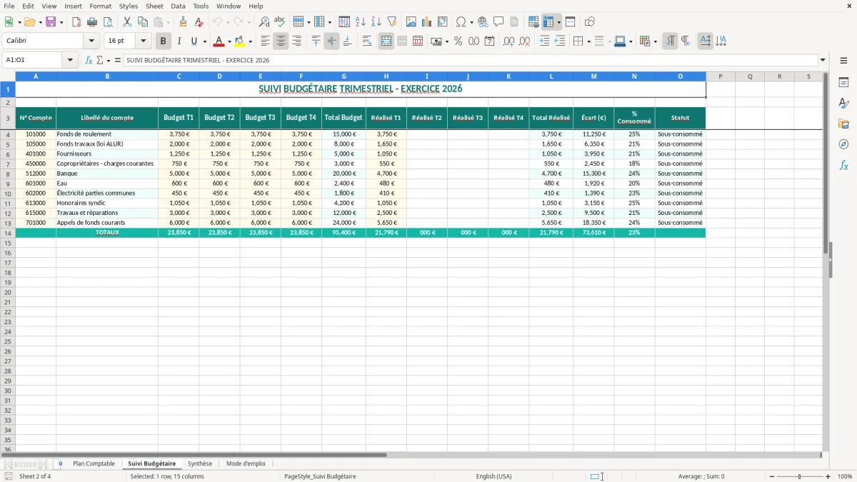 Capture 2 : onglet Suivi Budgétaire - Modèle Excel plan comptable copropriete simplifie excel