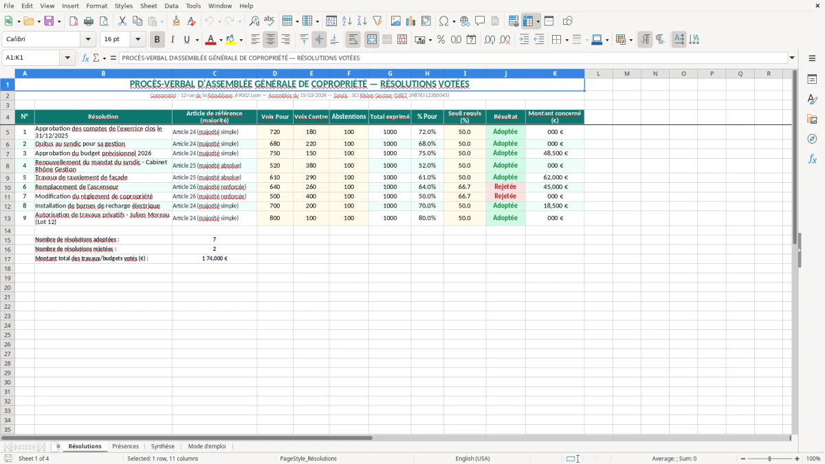 Capture 1 : onglet Résolutions - Modèle Excel proces verbal d'assemblee generale copropriete excel