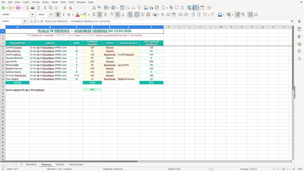 Capture 2 : onglet Présences - Modèle Excel proces verbal d'assemblee generale copropriete excel