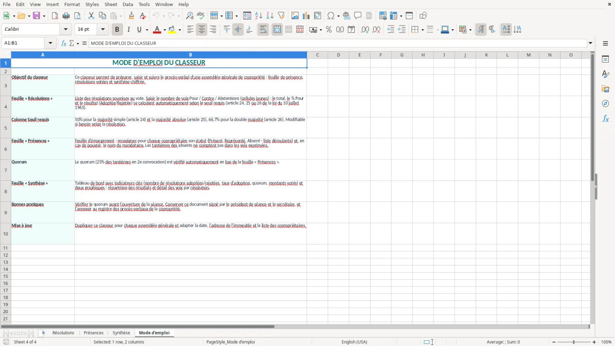 Capture 4 : onglet Mode d'emploi - Modèle Excel proces verbal d'assemblee generale copropriete excel
