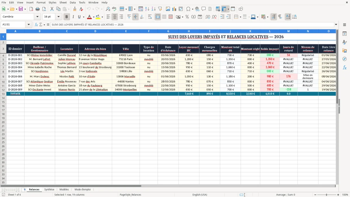 Capture 1 : onglet Relances - Modèle Excel relance pour loyer impaye modele excel