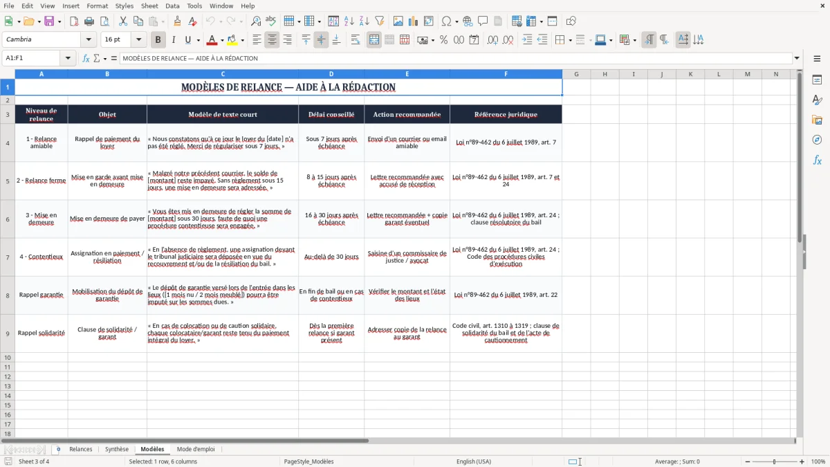 Capture 3 : onglet Modèles - Modèle Excel relance pour loyer impaye modele excel