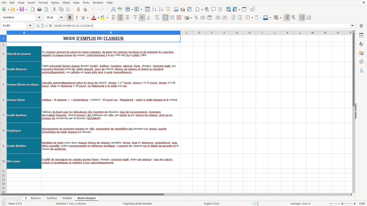 Capture 4 : onglet Mode d'emploi - Modèle Excel relance pour loyer impaye modele excel