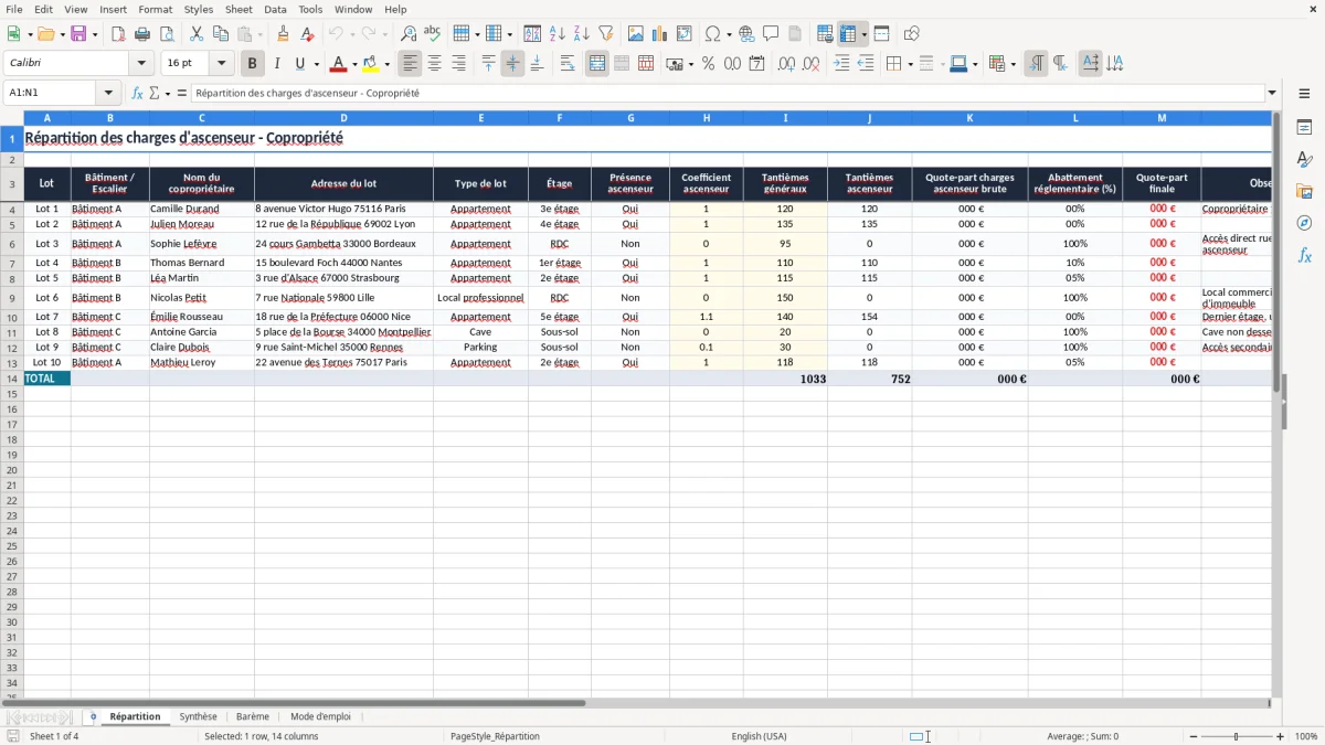 Capture 1 : onglet Répartition - Modèle Excel repartition des charges d'ascenseur excel