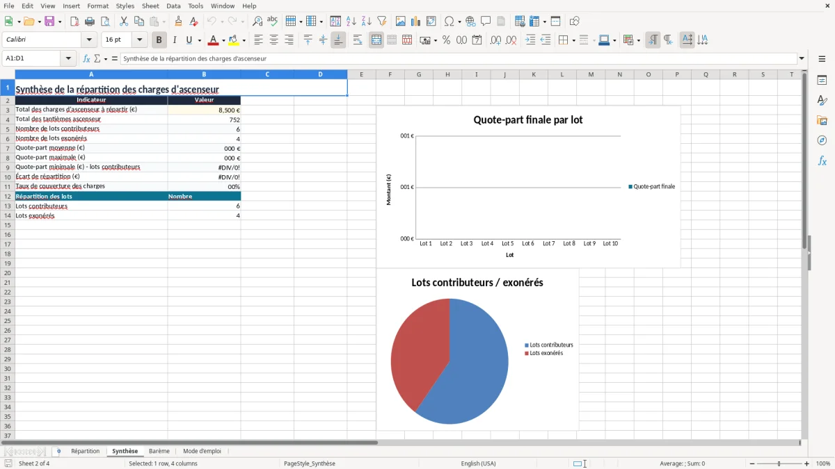 Capture 2 : onglet Synthèse - Modèle Excel repartition des charges d'ascenseur excel