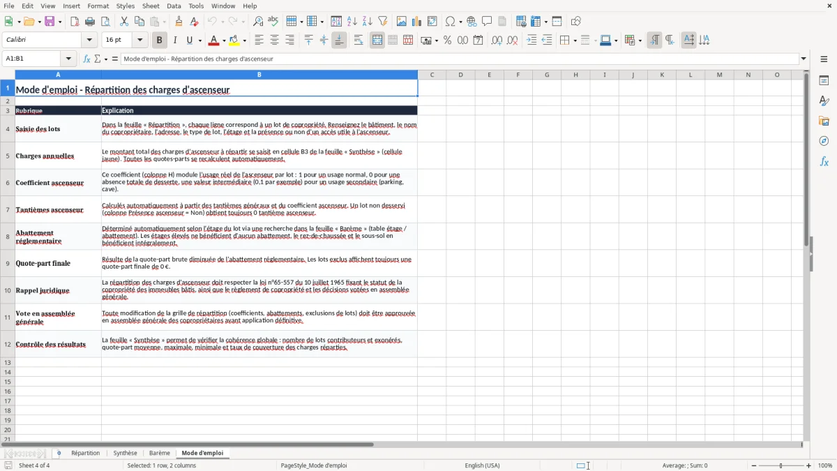 Capture 4 : onglet Mode d'emploi - Modèle Excel repartition des charges d'ascenseur excel