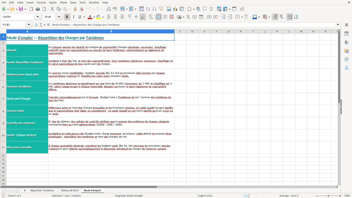Capture 3 : onglet Mode d'emploi - Modèle Excel repartition des charges de copropriete par tantiemes excel