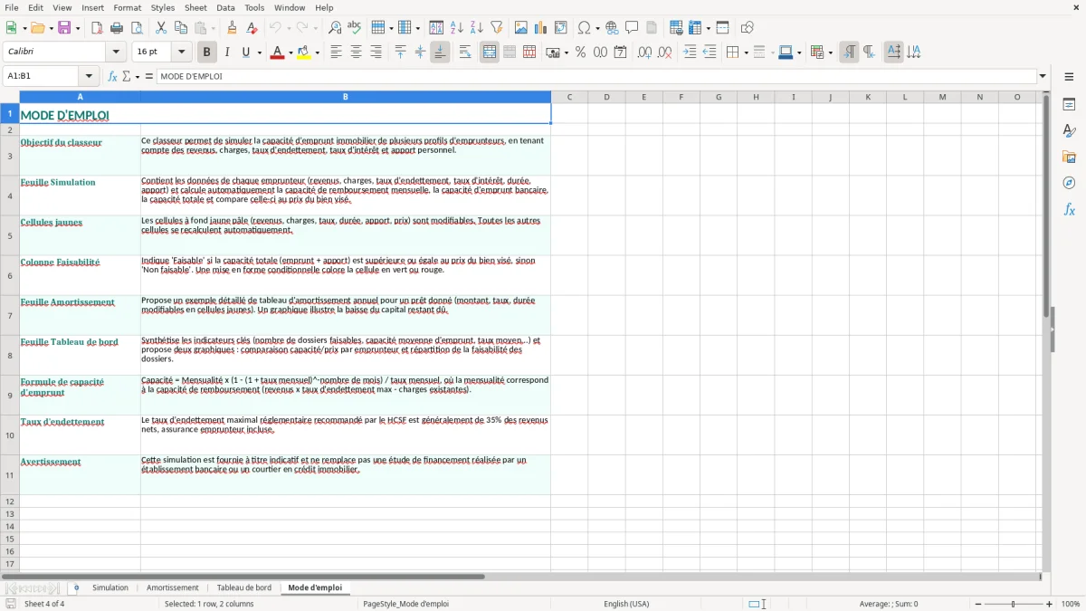 Capture 4 : onglet Mode d'emploi - Modèle Excel simulation de capacite d'emprunt immobilier excel