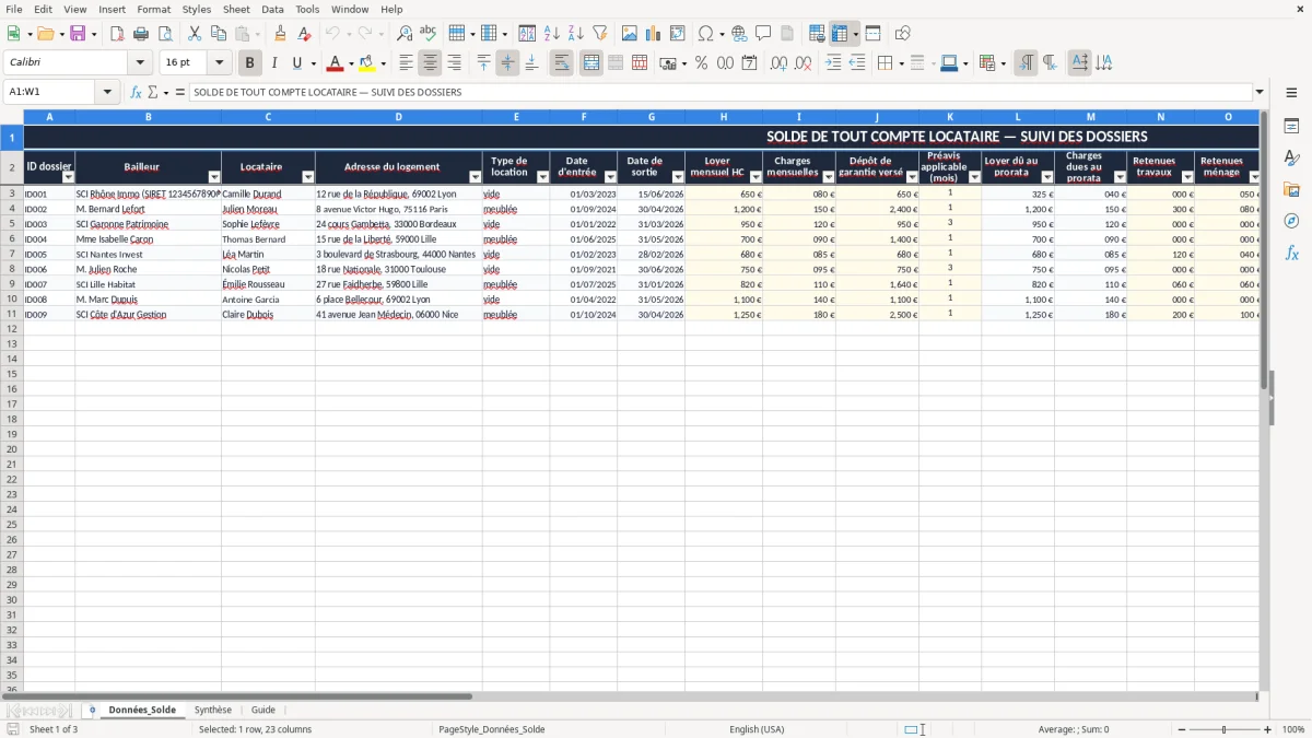 Capture 1 : onglet Données_Solde - Modèle Excel solde de tout compte locataire excel