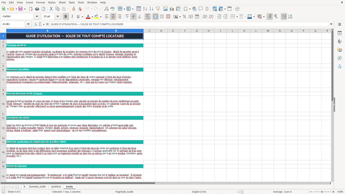 Capture 3 : onglet Guide - Modèle Excel solde de tout compte locataire excel
