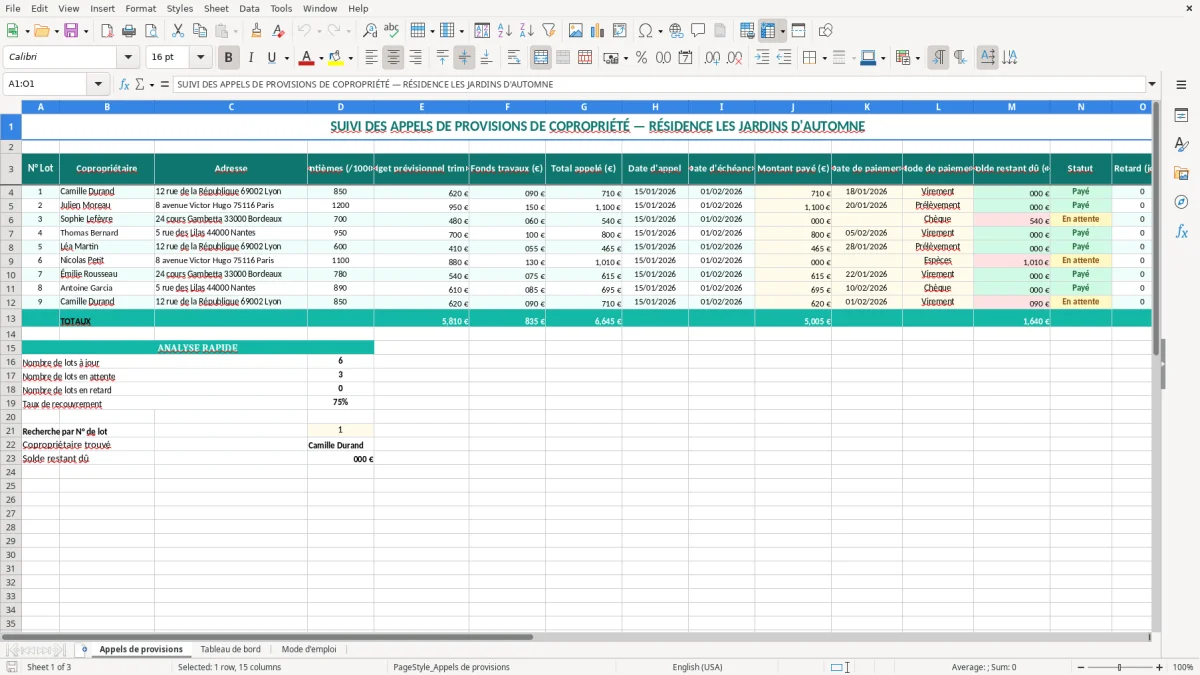 Capture 1 : onglet Appels de provisions - Modèle Excel suivi des appels de provisions copropriete excel