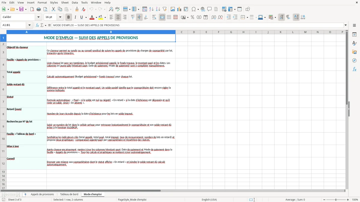 Capture 3 : onglet Mode d'emploi - Modèle Excel suivi des appels de provisions copropriete excel