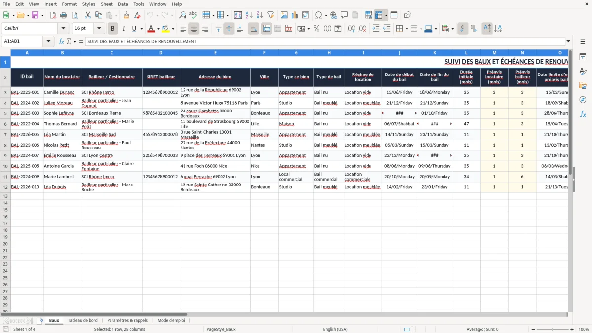 Capture 1 : onglet Baux - Modèle Excel suivi des baux et echeances de renouvellement excel