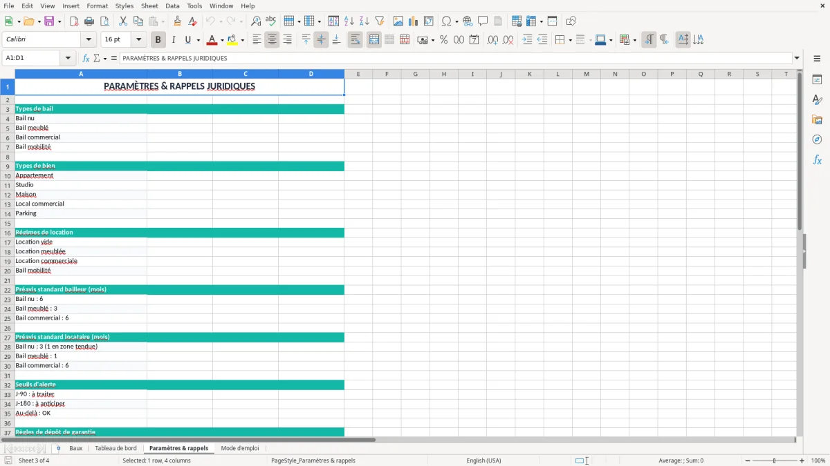 Capture 3 : onglet Paramètres & rappels - Modèle Excel suivi des baux et echeances de renouvellement excel