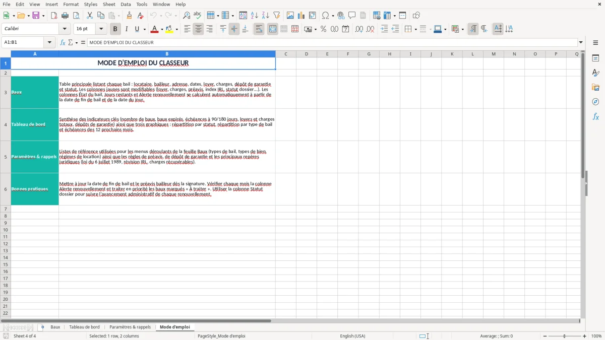 Capture 4 : onglet Mode d'emploi - Modèle Excel suivi des baux et echeances de renouvellement excel