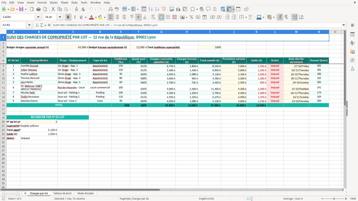 Capture 1 : onglet Charges par lot - Modèle Excel suivi des charges de copropriete par lot excel