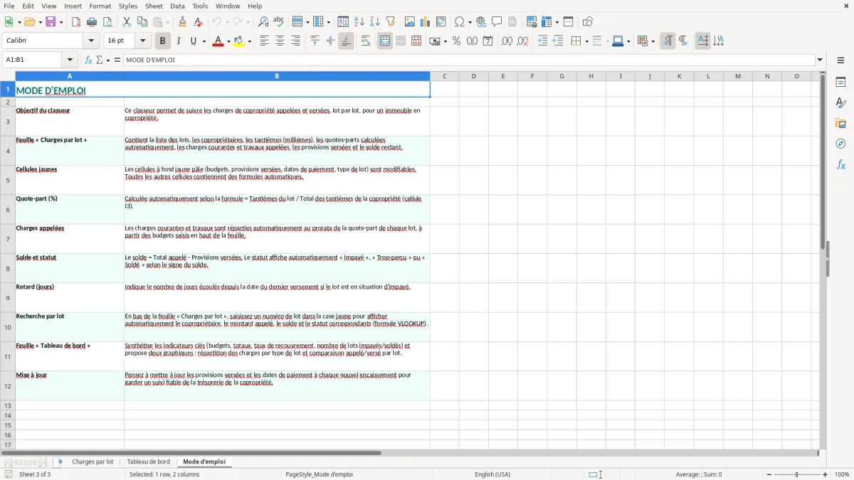Capture 3 : onglet Mode d'emploi - Modèle Excel suivi des charges de copropriete par lot excel