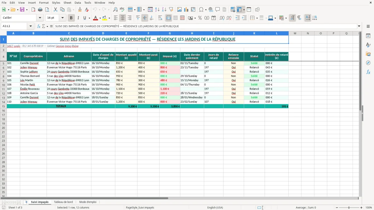 Capture 1 : onglet Suivi impayés - Modèle Excel suivi des impayes de charges coproprietaires excel