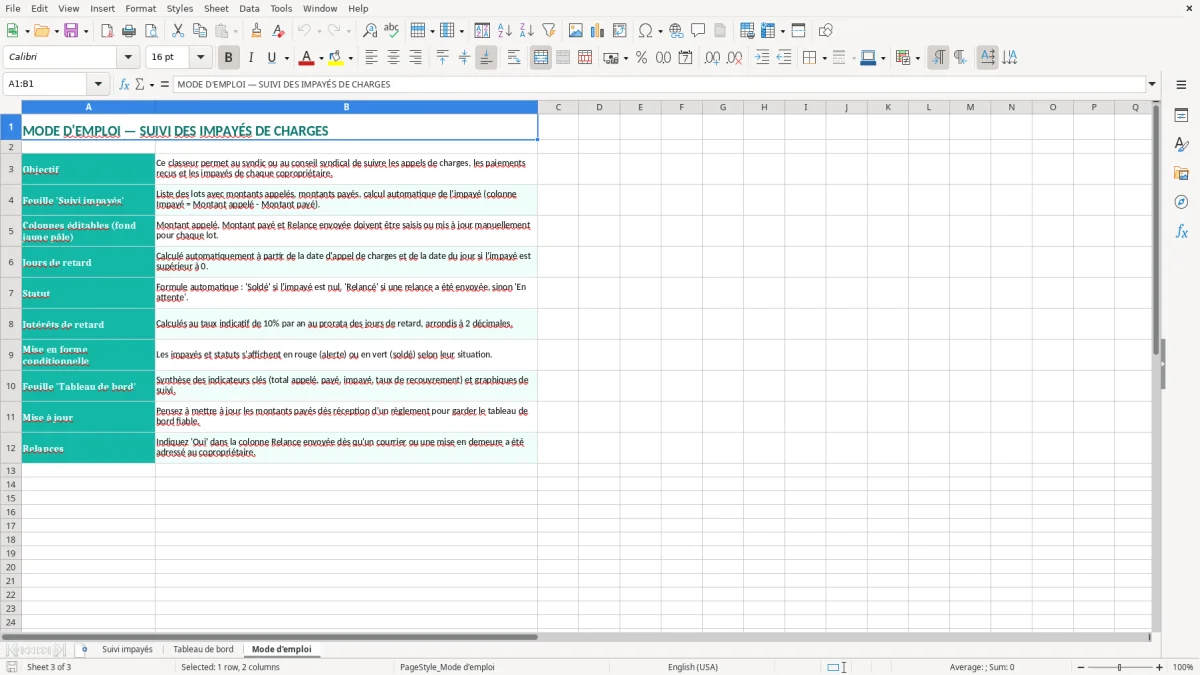 Capture 3 : onglet Mode d'emploi - Modèle Excel suivi des impayes de charges coproprietaires excel