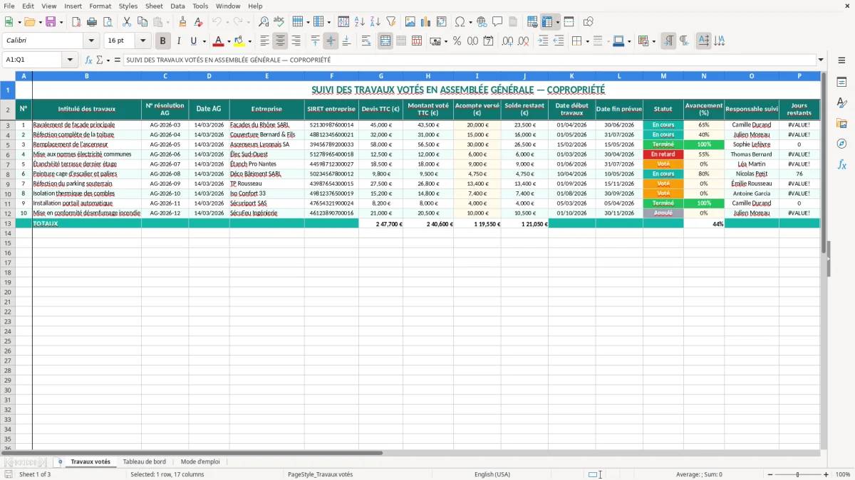 Capture 1 : onglet Travaux votés - Modèle Excel suivi des travaux votes en assemblee generale excel
