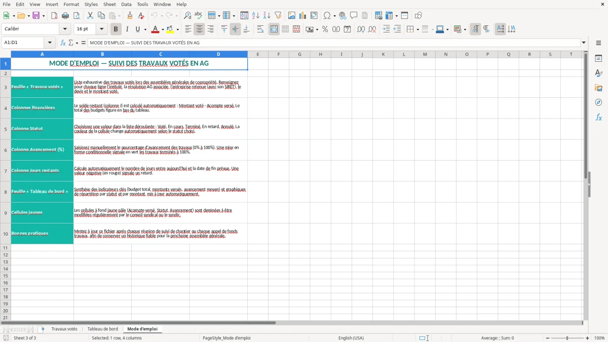 Capture 3 : onglet Mode d'emploi - Modèle Excel suivi des travaux votes en assemblee generale excel