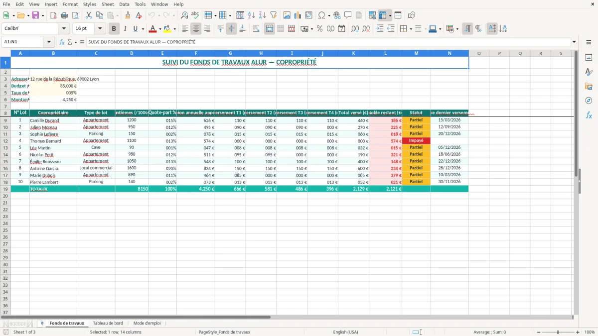 Capture 1 : onglet Fonds de travaux - Modèle Excel suivi du fonds de travaux alur excel