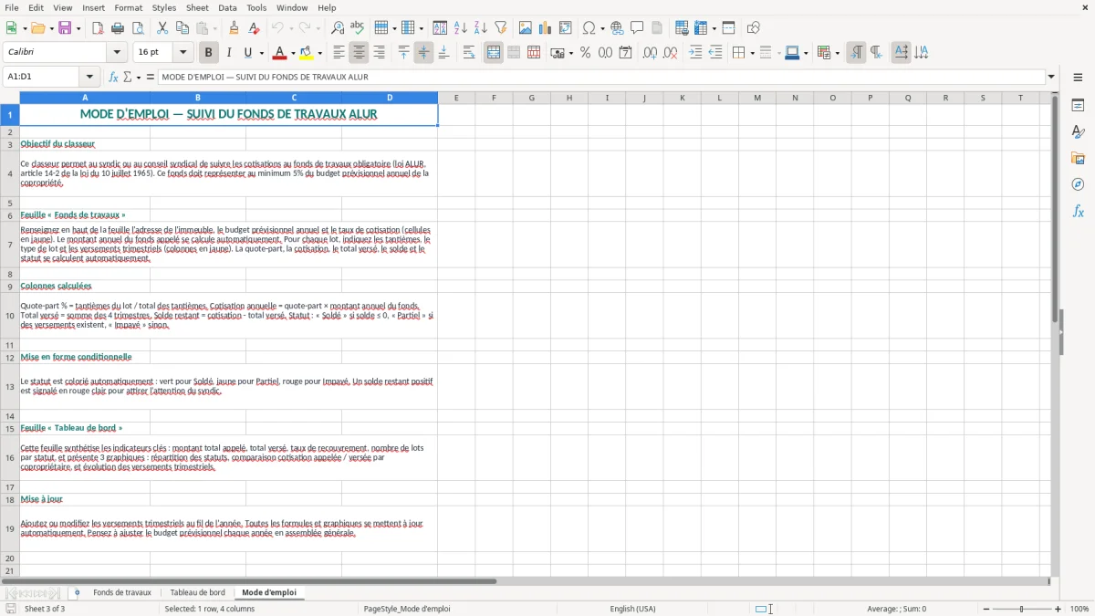 Capture 3 : onglet Mode d'emploi - Modèle Excel suivi du fonds de travaux alur excel