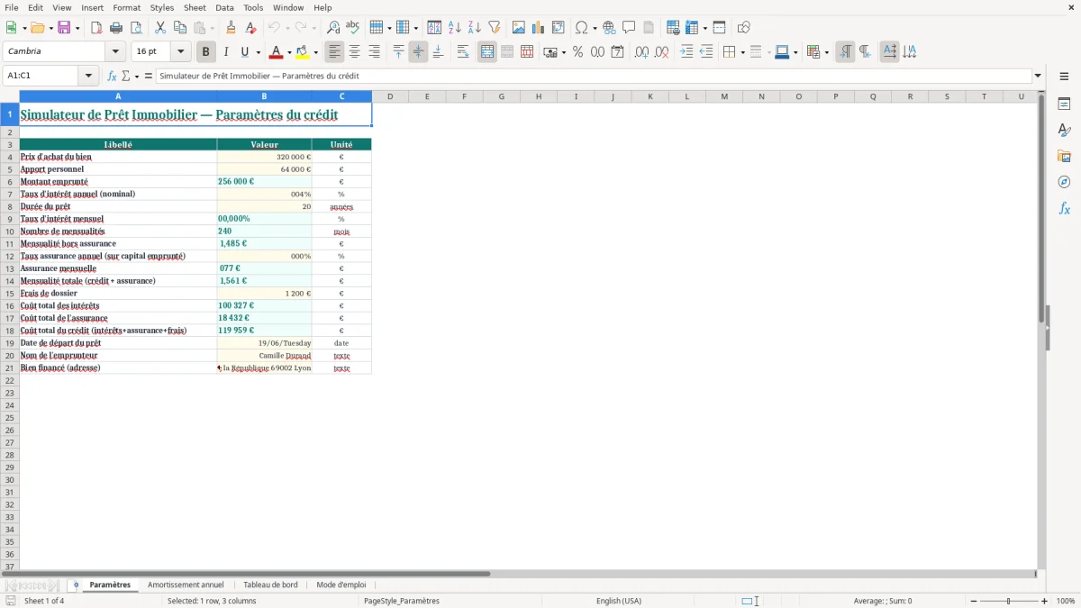 Capture 1 : onglet Paramètres - Modèle Excel tableau d'amortissement pret immobilier annuel excel