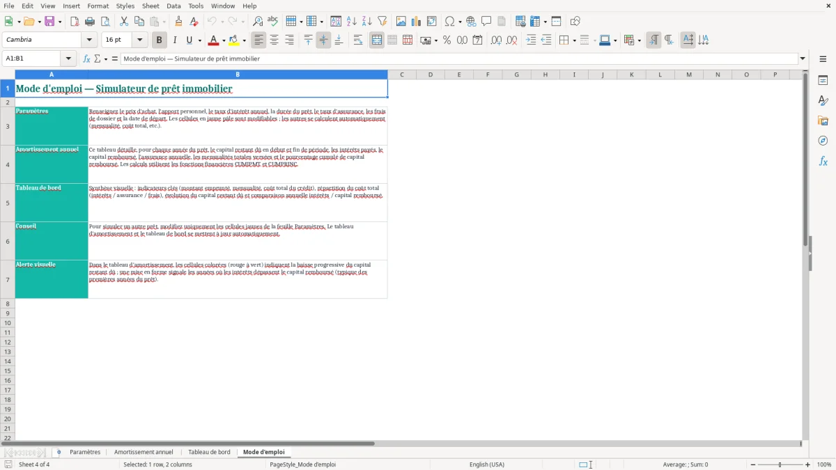 Capture 4 : onglet Mode d'emploi - Modèle Excel tableau d'amortissement pret immobilier annuel excel