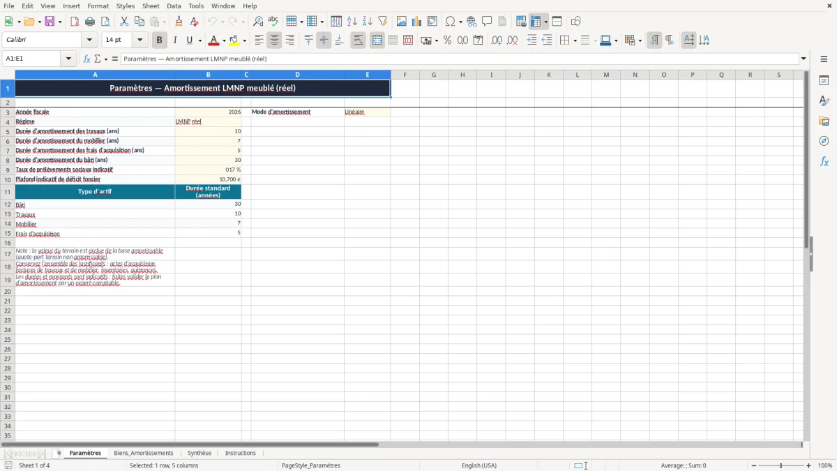 Capture 1 : onglet Paramètres - Modèle Excel amortissement lmnp meuble excel