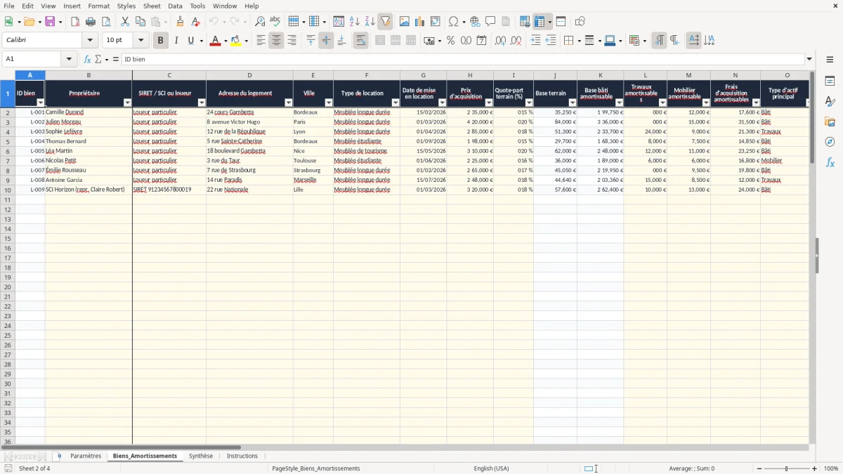 Capture 2 : onglet Biens_Amortissements - Modèle Excel amortissement lmnp meuble excel