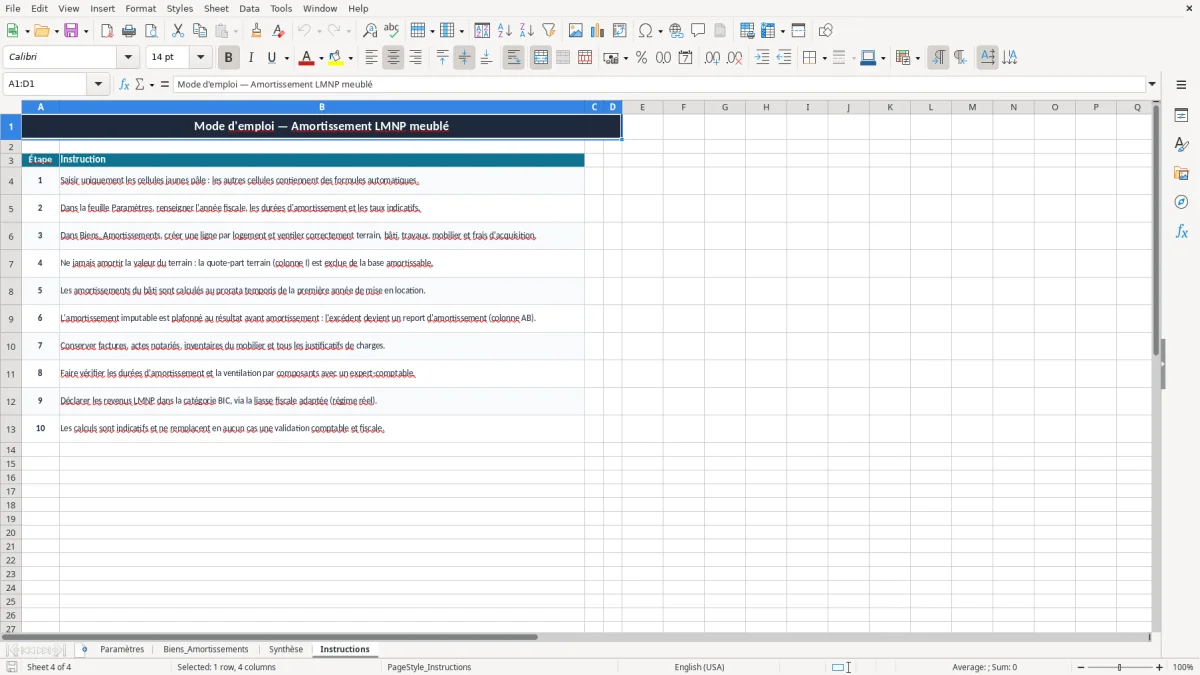 Capture 4 : onglet Instructions - Modèle Excel amortissement lmnp meuble excel