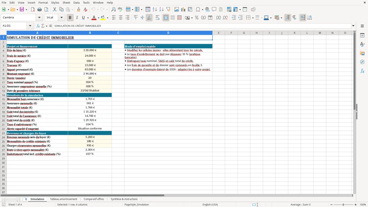 Capture 1 : onglet Simulation - Modèle Excel calcul des mensualites de credit immobilier excel