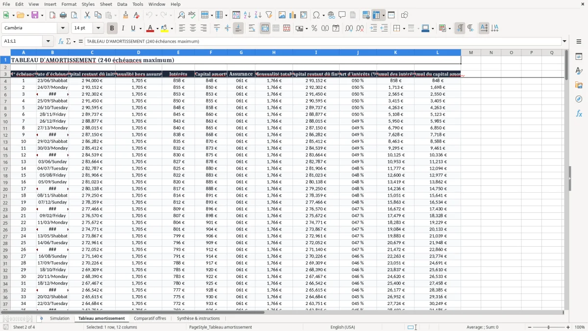 Capture 2 : onglet Tableau amortissement - Modèle Excel calcul des mensualites de credit immobilier excel