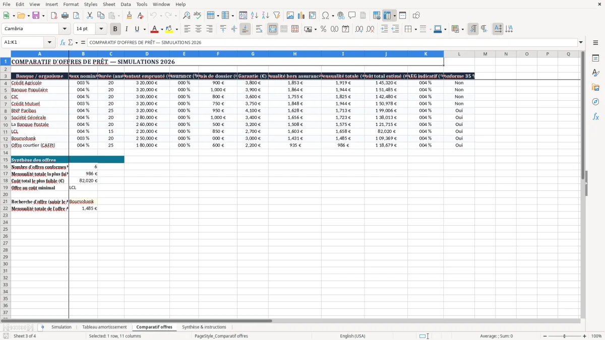 Capture 3 : onglet Comparatif offres - Modèle Excel calcul des mensualites de credit immobilier excel