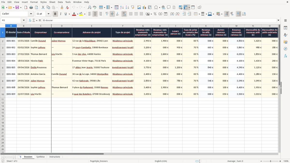 Capture 1 : onglet Dossiers - Modèle Excel calcul du taux d'endettement 35 pour cent excel
