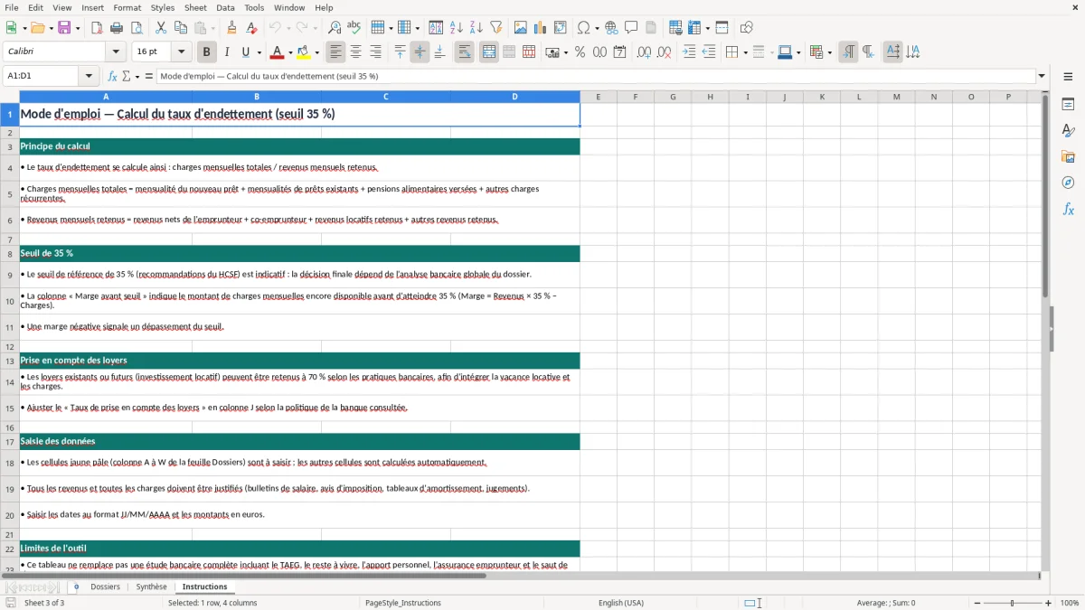 Capture 3 : onglet Instructions - Modèle Excel calcul du taux d'endettement 35 pour cent excel