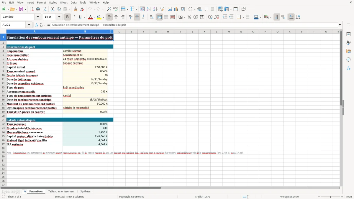 Capture 1 : onglet Paramètres - Modèle Excel simulation de remboursement anticipe de pret excel