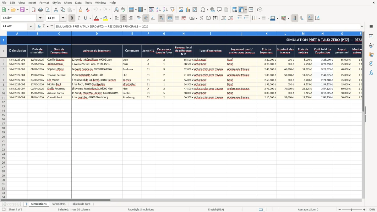 Capture 1 : onglet Simulations - Modèle Excel simulation pret a taux zero ptz excel