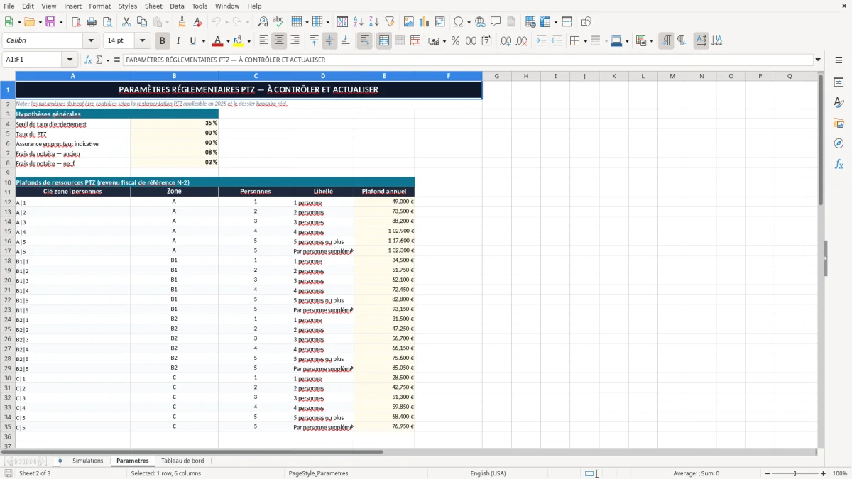 Capture 2 : onglet Parametres - Modèle Excel simulation pret a taux zero ptz excel